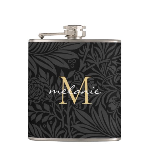 Elegant Black Gold Floral Script Monogram Heupfles (Voorkant)