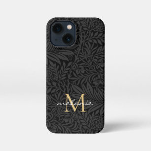 Elegant Black Gold Floral Script Monogram iPhone 13 Mini Hoesje