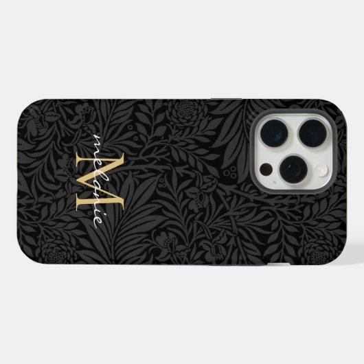 Elegant Black Gold Floral Script Monogram iPhone Hoesje (Achterkant horizontaal)