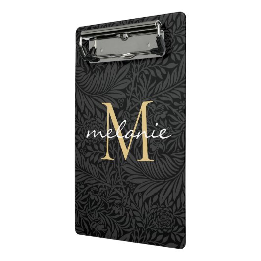 Elegant Black Gold Floral Script Monogram Mini Klembord (Angled2)