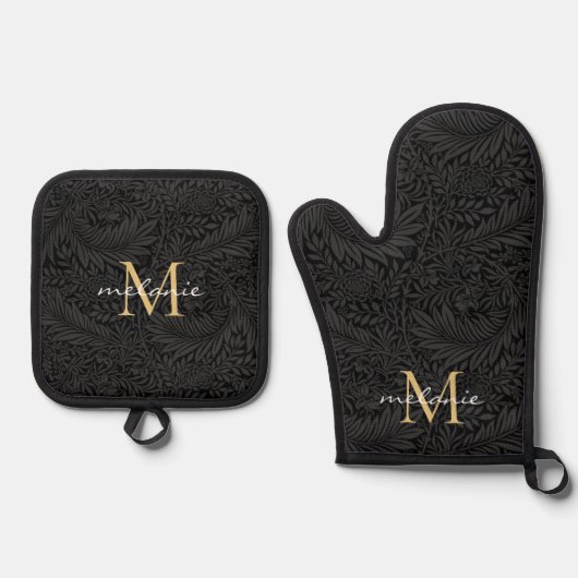 Elegant Black Gold Floral Script Monogram Ovenwant & Pannenlap Set (Voorkant)