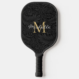 Elegant Black Gold Floral Script Monogram Pickleball Paddle