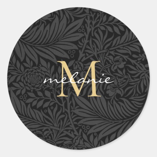 Elegant Black Gold Floral Script Monogram Ronde Sticker (Voorkant)