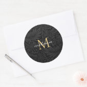 Elegant Black Gold Floral Script Monogram Ronde Sticker (Envelop)