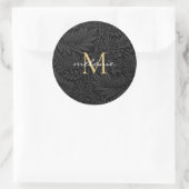 Elegant Black Gold Floral Script Monogram Ronde Sticker (Tas)