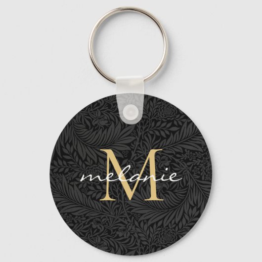 Elegant Black Gold Floral Script Monogram Sleutelhanger (Voorkant)