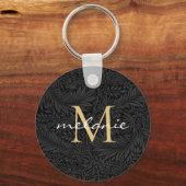 Elegant Black Gold Floral Script Monogram Sleutelhanger (Voorkant)