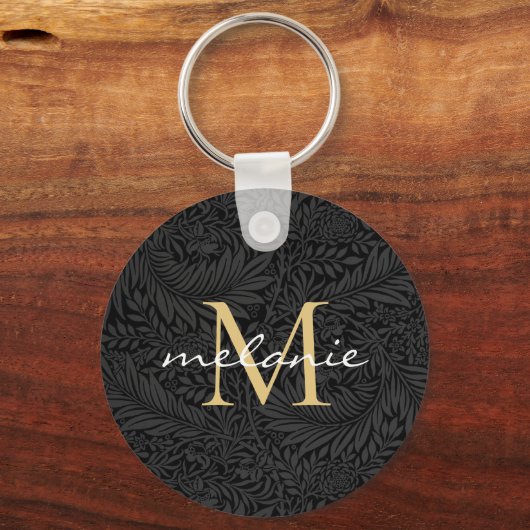 Elegant Black Gold Floral Script Monogram Sleutelhanger (Voorkant)