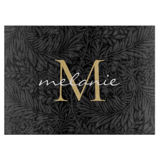 Elegant Black Gold Floral Script Monogram Snijplank (Voorkant)