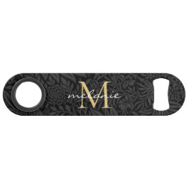 Elegant Black Gold Floral Script Monogram Speed Flessenopener