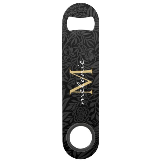 Elegant Black Gold Floral Script Monogram Speed Flessenopener (Achterkant)