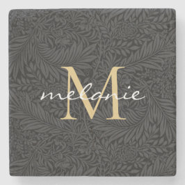 Elegant Black Gold Floral Script Monogram Stenen Onderzetter