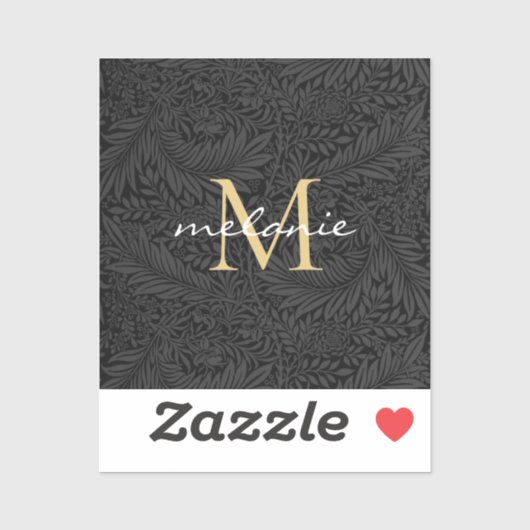 Elegant Black Gold Floral Script Monogram Sticker (Vel)