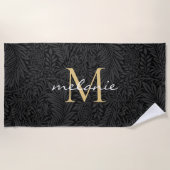 Elegant Black Gold Floral Script Monogram Strandlaken (Voorkant)