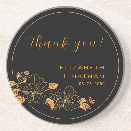Elegant Black Gold Floral Weddenschap Hartelijk da Zandsteen Onderzetter (Voorkant)