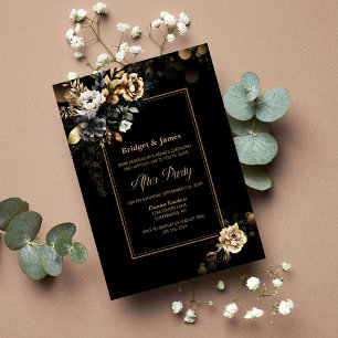 Elegant Black Gold Floral Wedding After Party Kaart