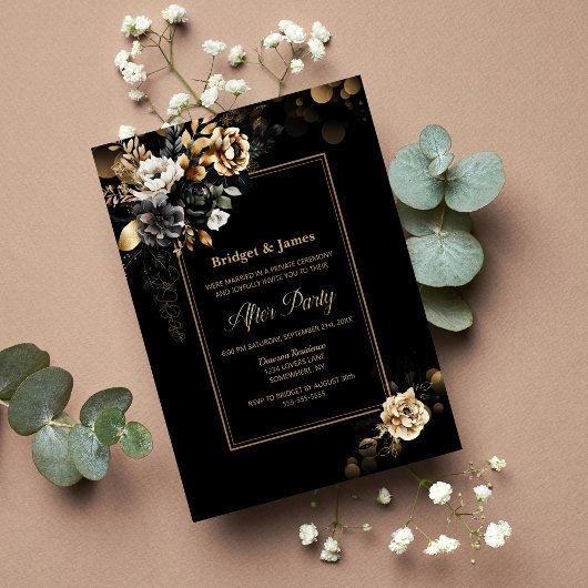 Elegant Black Gold Floral Wedding After Party Kaart
