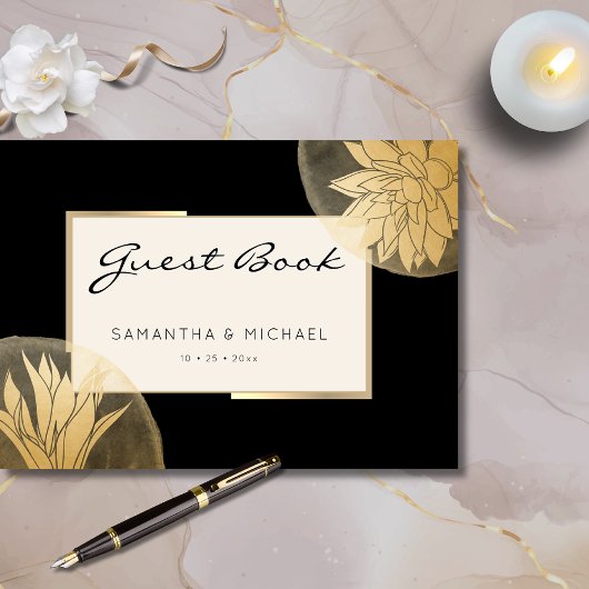 Elegant Black Gold Floral Wedding Gastenboek
