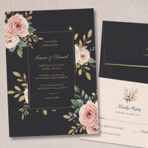 Elegant Black & Gold Floral Wedding Invitation