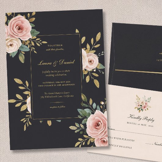 Elegant Black & Gold Floral Wedding Invitation Kaart
