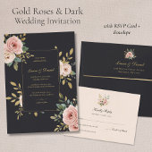 Elegant Black & Gold Floral Wedding Invitation Kaart