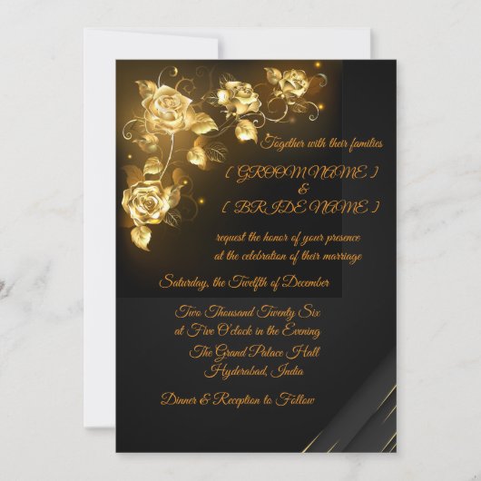 Elegant Black & Gold Floral Wedding Invitation Kaart (Voorkant)