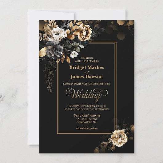 Elegant Black Gold Floral Wedding Kaart (Voorkant)