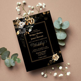 Elegant Black Gold Floral Wedding Kaart