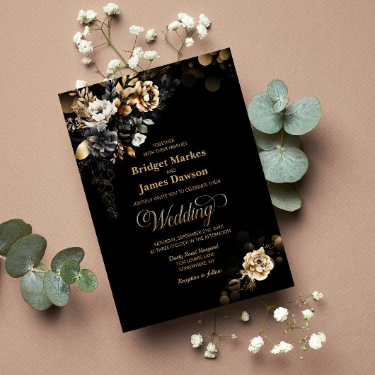 Elegant Black Gold Floral Wedding Kaart