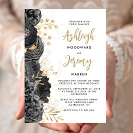 Elegant Black Gold Floral Wedding Kaart