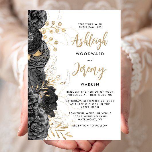 Elegant Black Gold Floral Wedding Kaart