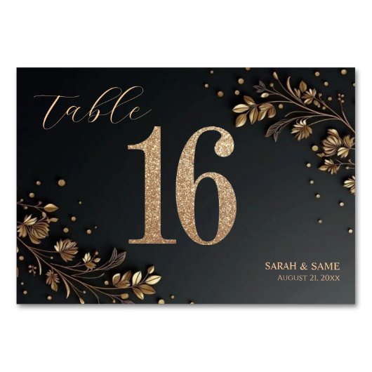 Elegant Black Gold Floral Wedding Table Card Kaart (Voorkant)