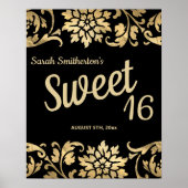 Elegant Black Gold Flowers Sweet 16 Birthday Poster (Voorkant)