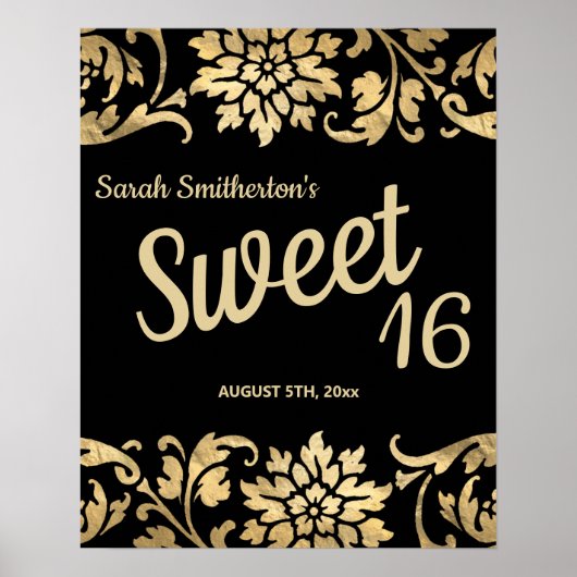 Elegant Black Gold Flowers Sweet 16 Birthday Poster (Voorkant)