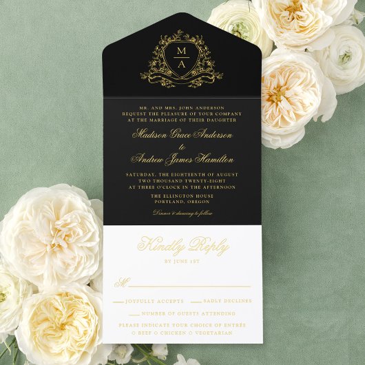 Elegant Black Gold Foil Crest Monogram Wedding  All In One Uitnodiging
