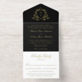 Elegant Black Gold Foil Crest Monogram Wedding  All In One Uitnodiging (Binnenkant)