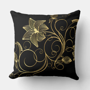Elegant Black Gold Foil Floral Name Sierkussen