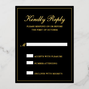 Elegant Black Gold Foil Formal Wedding RSVP Kaart