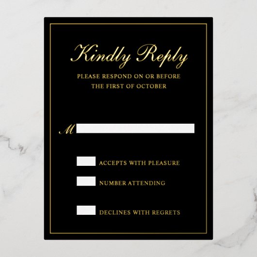 Elegant Black Gold Foil Formal Wedding RSVP Kaart (Voorkant)