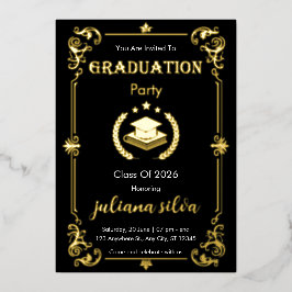 Elegant Black & Gold Foil Graduation Invitation Folie Uitnodiging