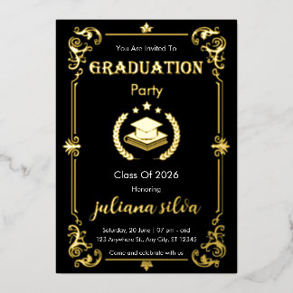 Elegant Black & Gold Foil Graduation Invitation Folie Uitnodiging