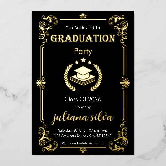 Elegant Black & Gold Foil Graduation Invitation Folie Uitnodiging (Voorkant)