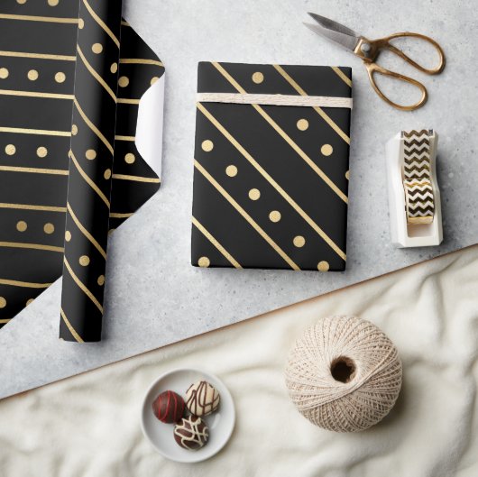 Elegant Black & Gold Foil kerststripes en Stippen Cadeaupapier (Crafts)