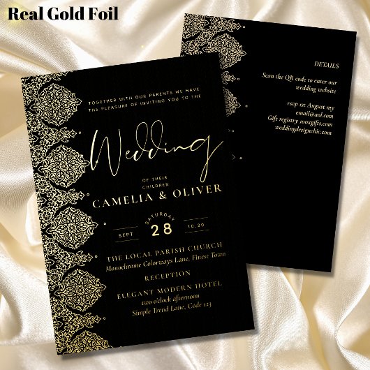 Elegant Black Gold Foil Lace Weddenschap Folie Uitnodiging
