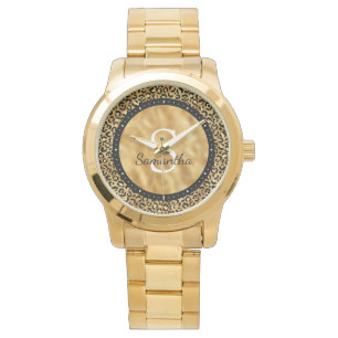 Elegant Black Gold Foil Leopard Name Monogram Horloge