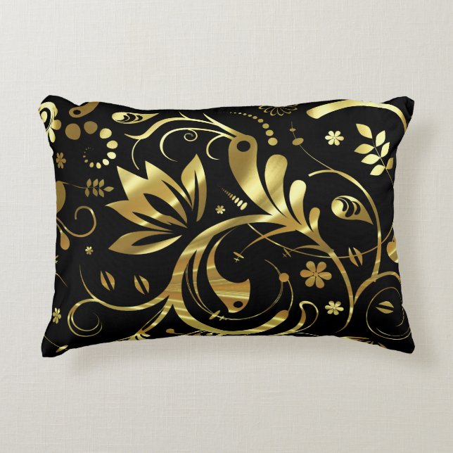 Elegant Black & Gold Foil look Floral Damaskers Accent Kussen (Voorkant)