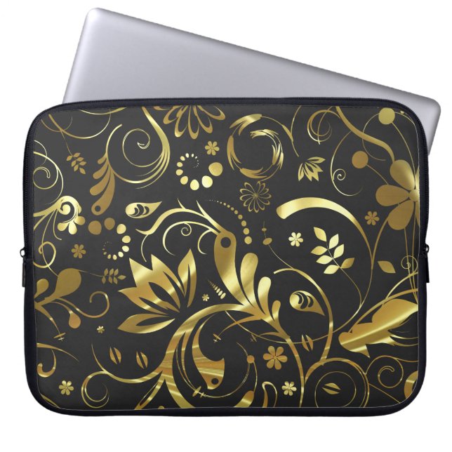 Elegant Black & Gold Foil look Floral Damaskers Laptop Sleeve (Voorkant)
