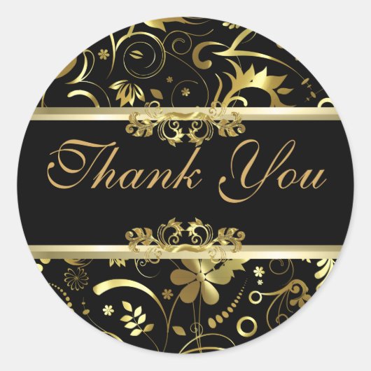 Elegant Black & Gold Foil look Floral Damaskers Ronde Sticker (Voorkant)