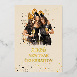 Elegant Black & Gold Foil New Year Invitation Folie Feestdagenkaart
