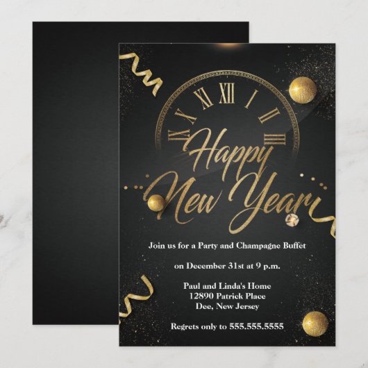 Elegant Black & Gold Foil New Years Eve Party Kaart (Voorkant / Achterkant)